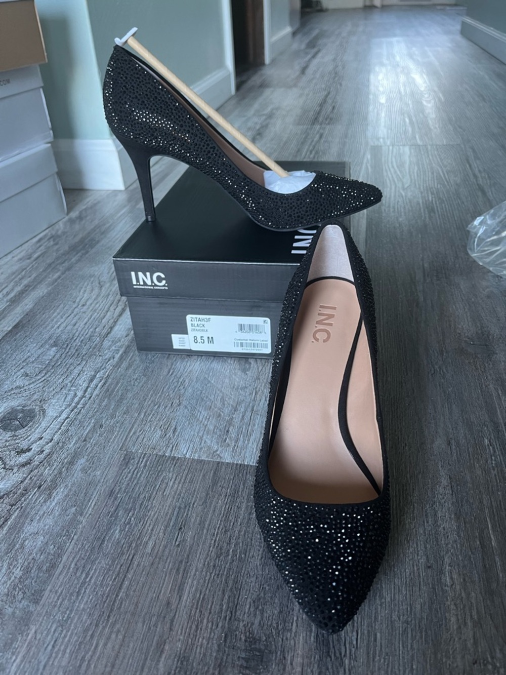 INC International Concepts Black Rhinestone Pointed Toe Stiletto Heels